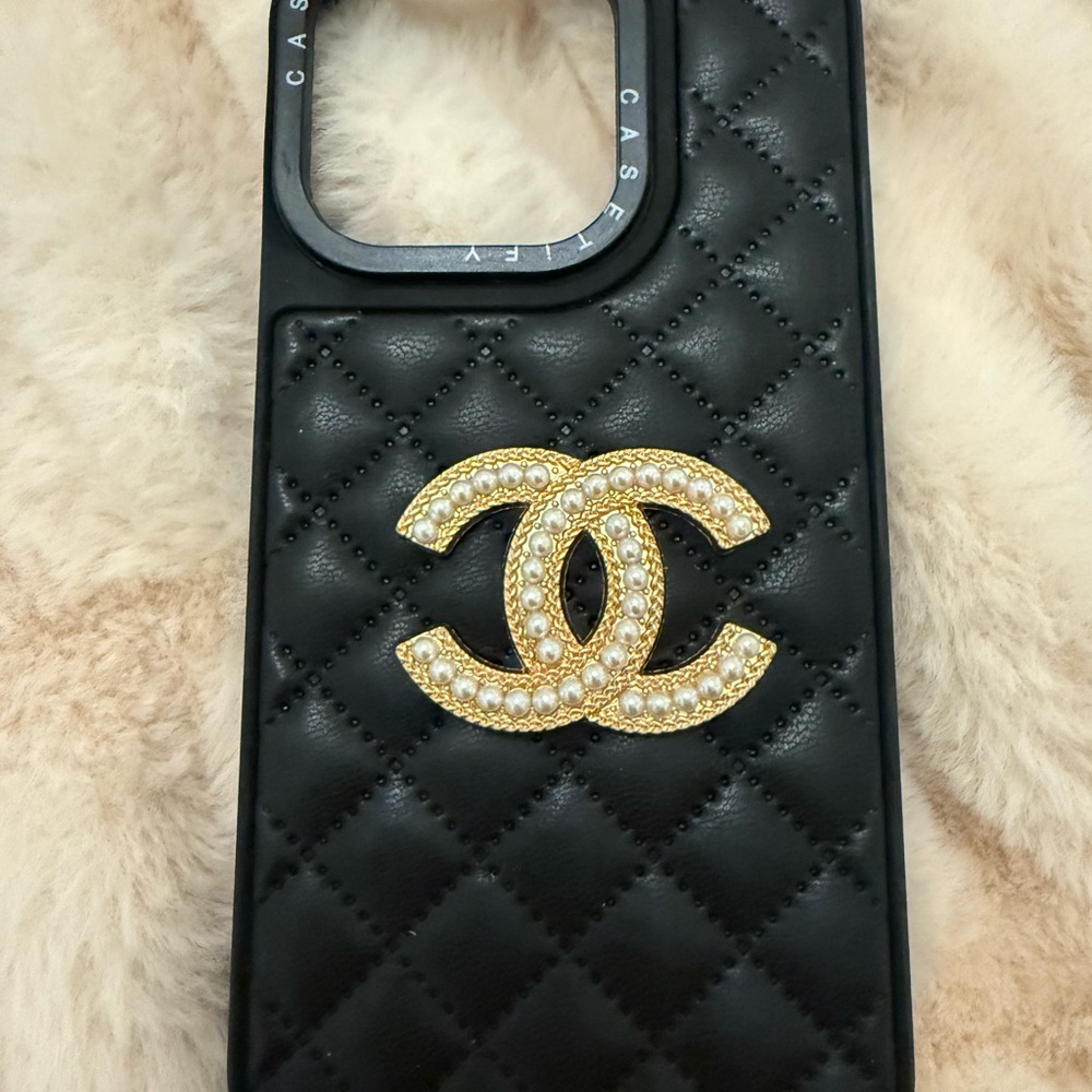 Luxury Black Quilted iPhone Case for 14 Pro with Gold & Pearl CC Accents